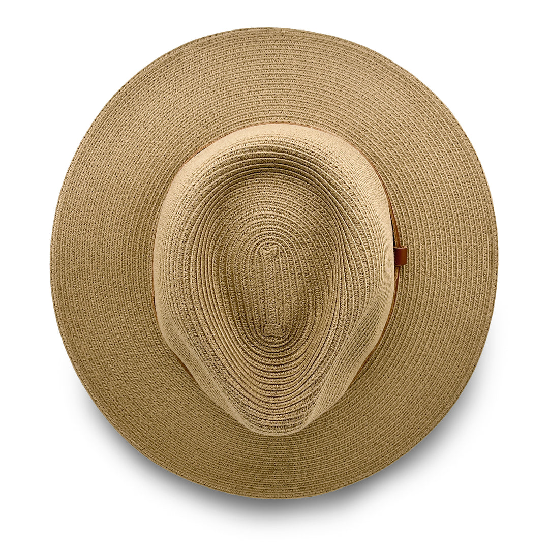 Morgan Fedora Hat in latte colour, top view displaying crown structure and flexibraid construction