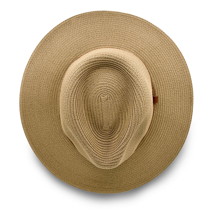 Morgan Fedora Hat in latte colour, top view displaying crown structure and flexibraid construction