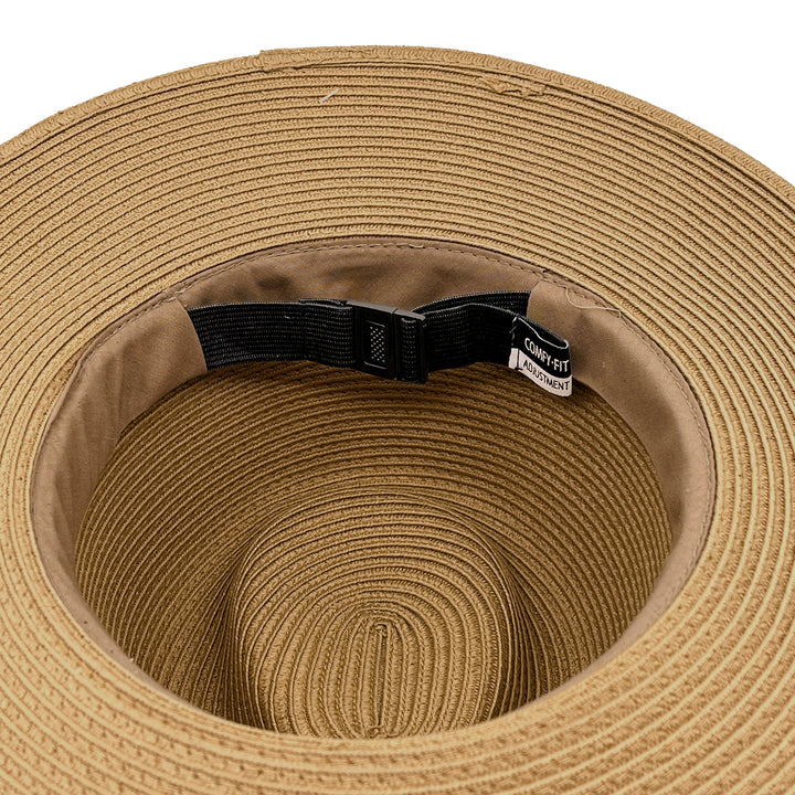 Morgan Fedora Hat in latte colour, underside of brim showing interior finish and size adjustment