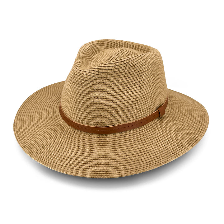 Morgan Fedora Hat in latte colour, angled product view showing structured crown and classic brim