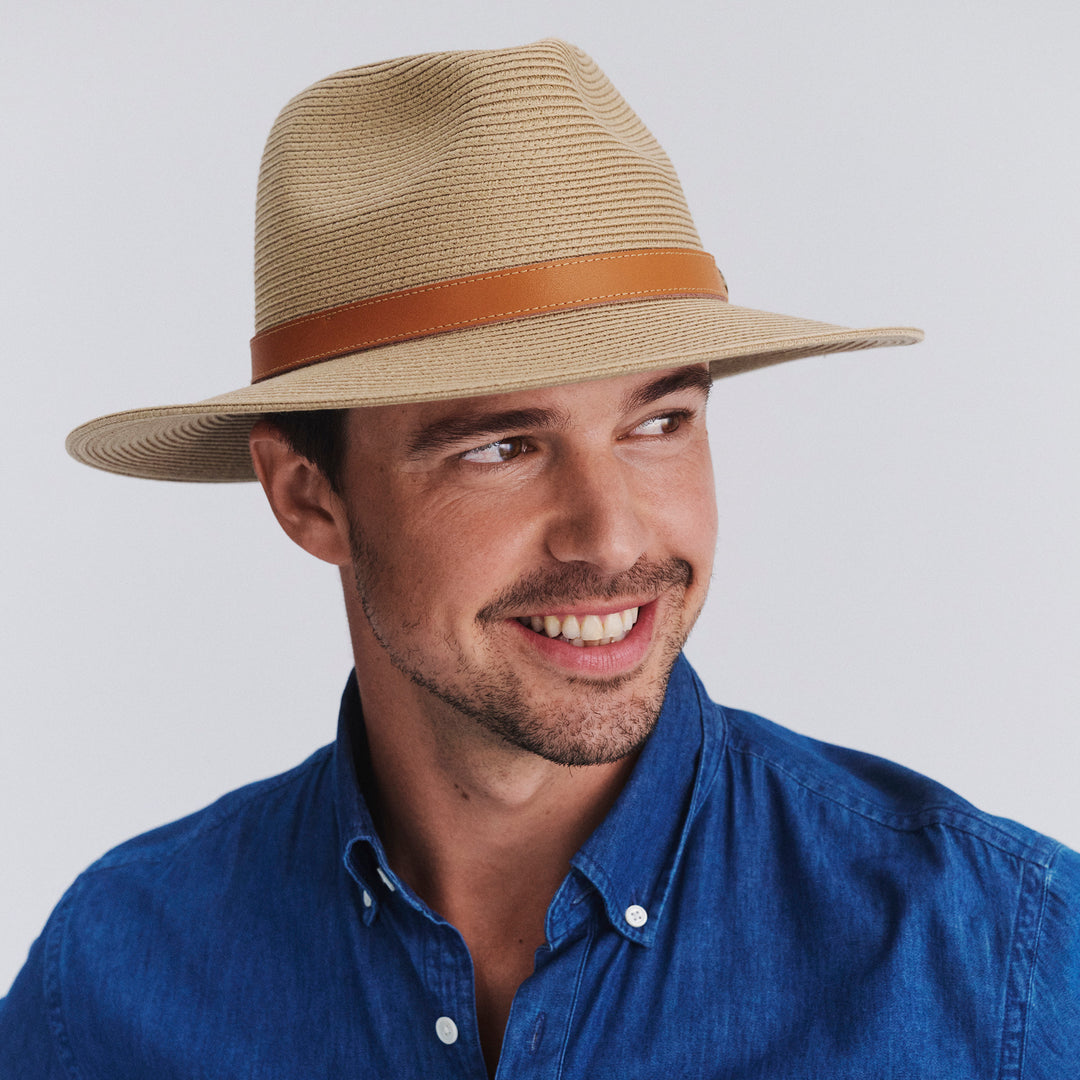Male model wearing Morgan Fedora Hat in latte colour, front view showcasing classic fedora styling