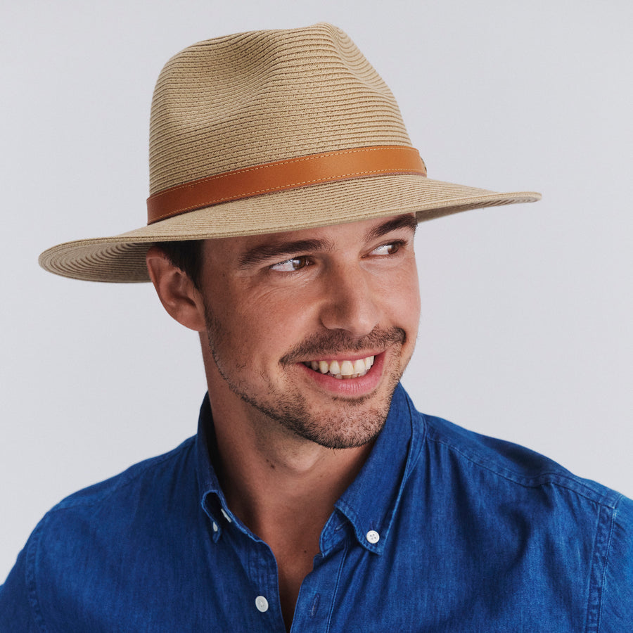 Male model wearing Morgan Fedora Hat in latte colour, front view showcasing classic fedora styling