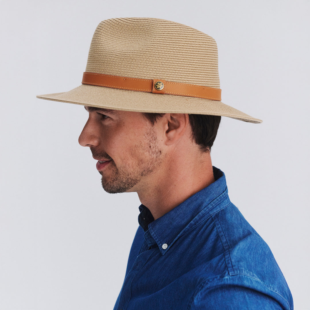 Male model wearing Morgan Fedora Hat in latte colour, side profile showing brim width and silhouette