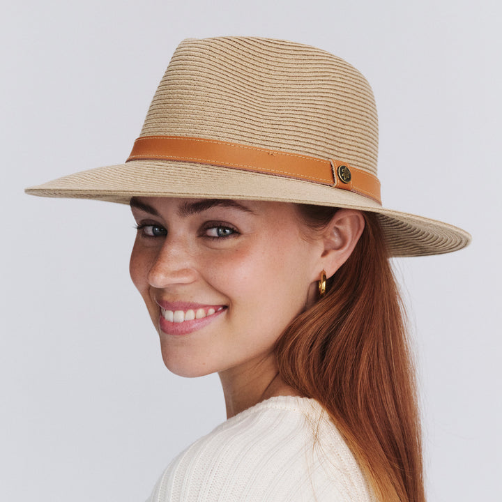 Female model wearing Morgan Fedora Hat in latte colour, angled view highlighting crown and brim