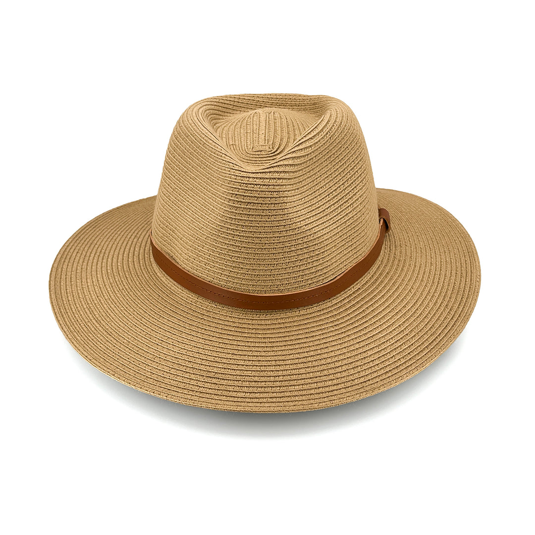 Morgan Fedora Hat in latte colour, front view highlighting defined crown and wide brim