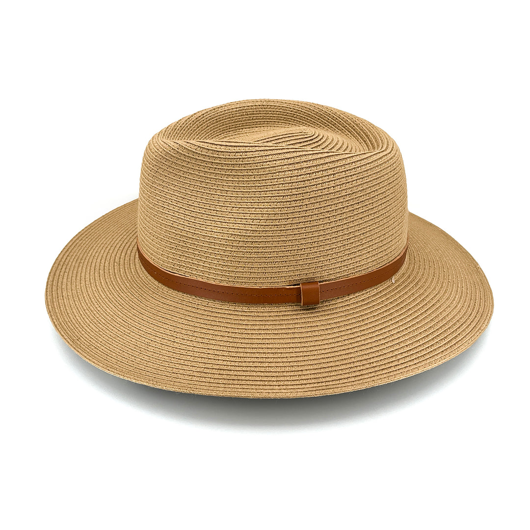 Morgan Fedora Hat in latte colour, side profile showing clean lines and brim shape