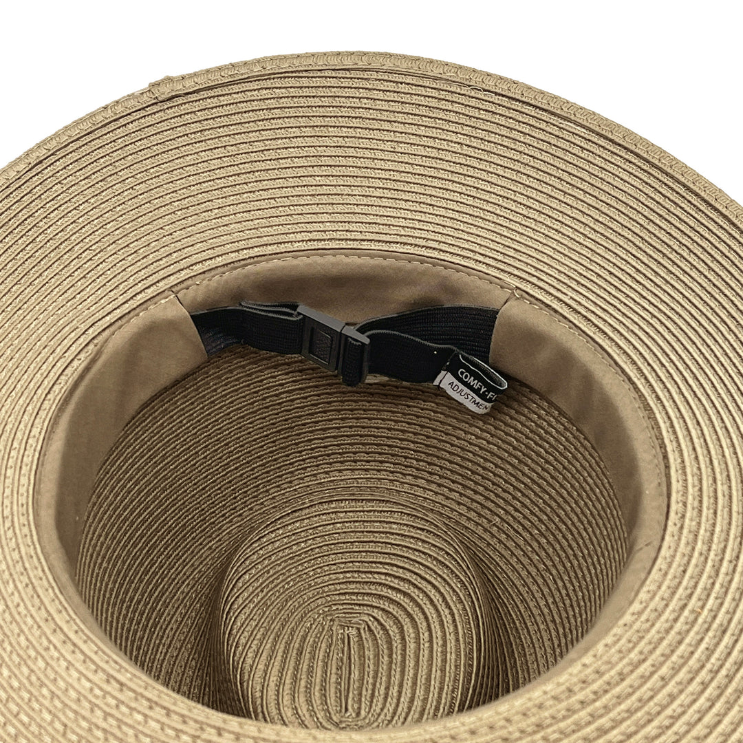 Morgan Fedora Hat in light khaki colour, underside of brim showing interior finish and size adjustment