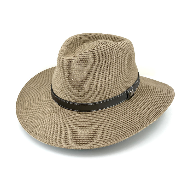 Morgan Fedora Hat in light khaki colour, angled product view showing structured crown and classic brim