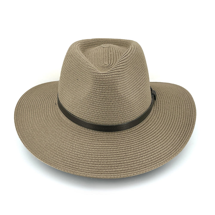 Morgan Fedora Hat in light khaki colour, front view highlighting defined crown and wide brim