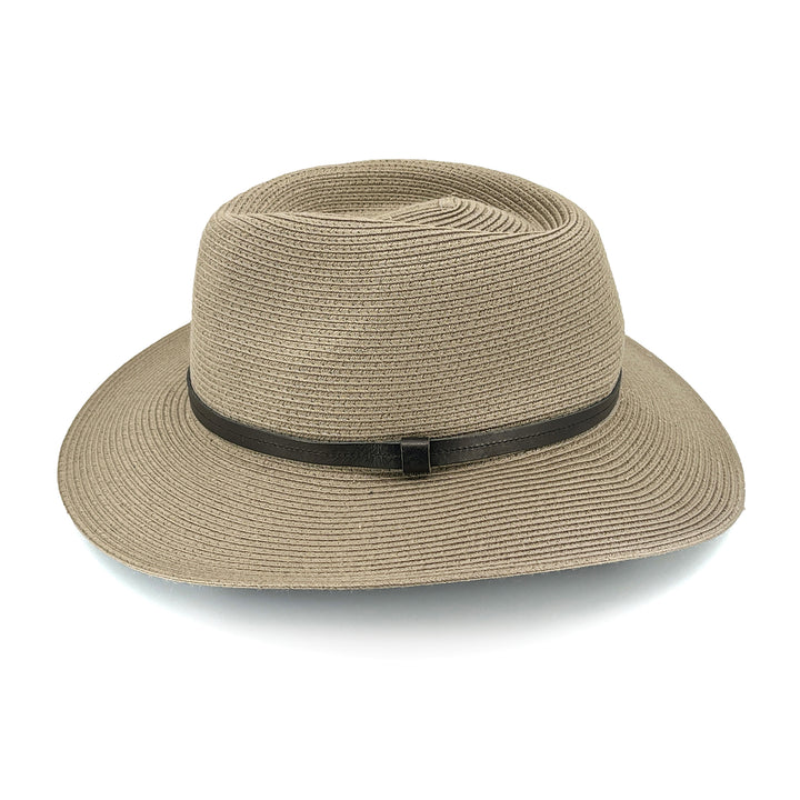 Morgan Fedora Hat in light khaki colour, side profile showing clean lines and brim shape