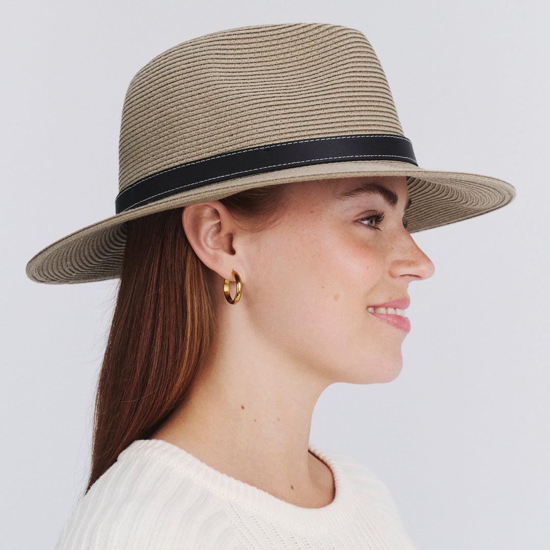 Female model wearing Morgan Fedora Hat in light khaki colour, side profile showing silhouette and structure