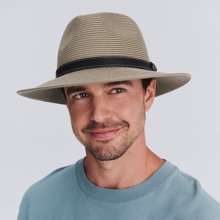 Male model wearing Morgan Fedora Hat in light khaki colour, front view showcasing classic fedora styling