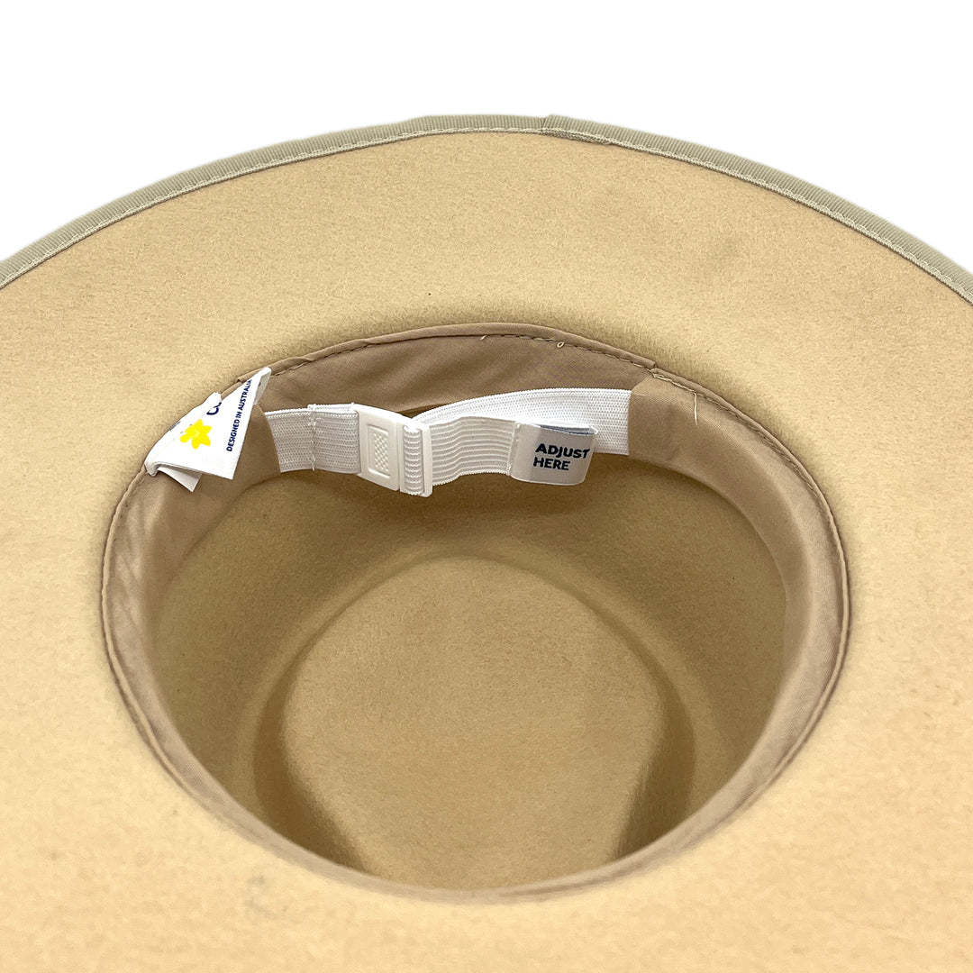 Bartle Fedora Hat in beige colour, underside of brim showing interior finish and size adjustment