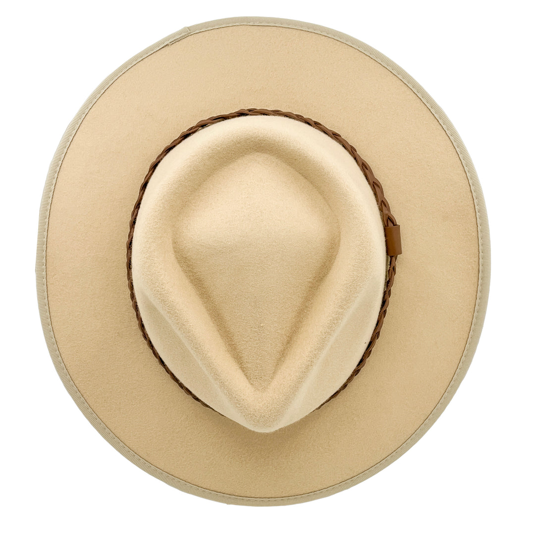 Bartle Fedora Hat in beige colour, top view displaying crown structure and felt texture