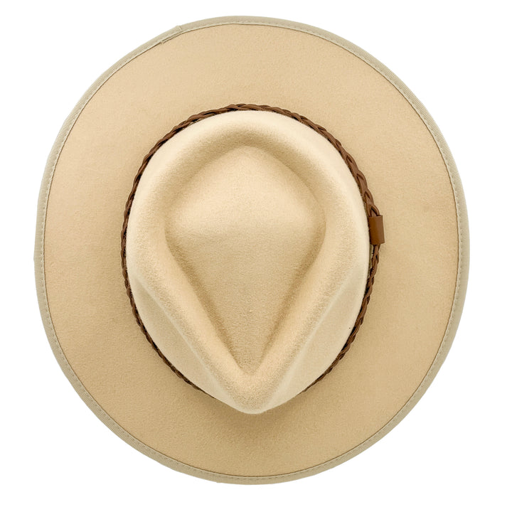 Bartle Fedora Hat in beige colour, top view displaying crown structure and felt texture