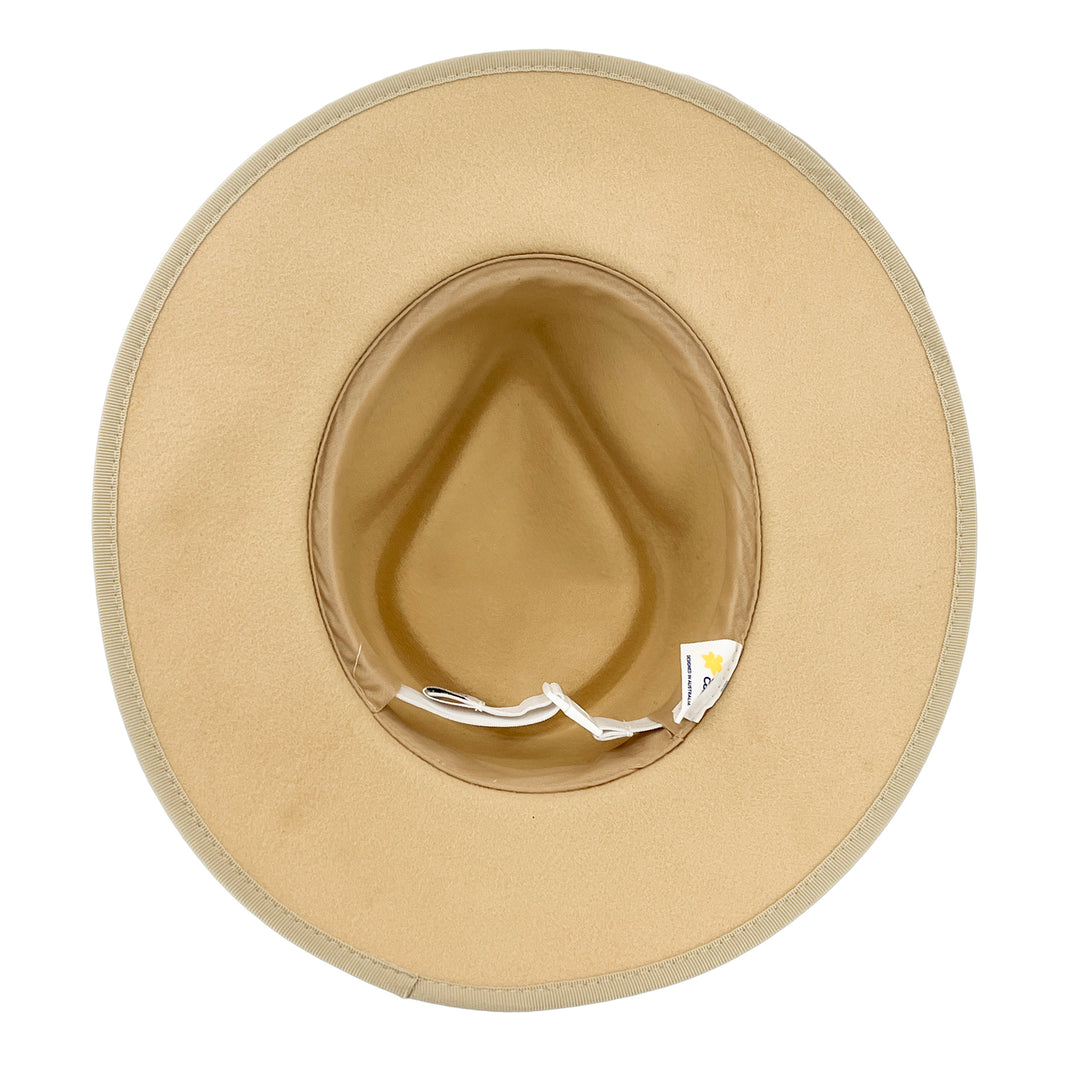 Bartle Fedora Hat in beige colour, underside of brim showing interior detailing