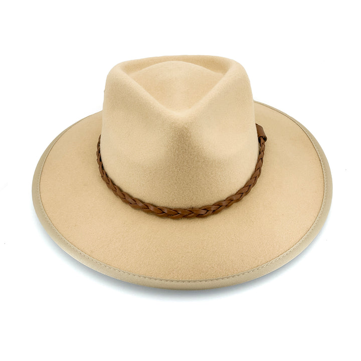 Bartle Fedora Hat in beige colour, front view highlighting defined crown and wide brim