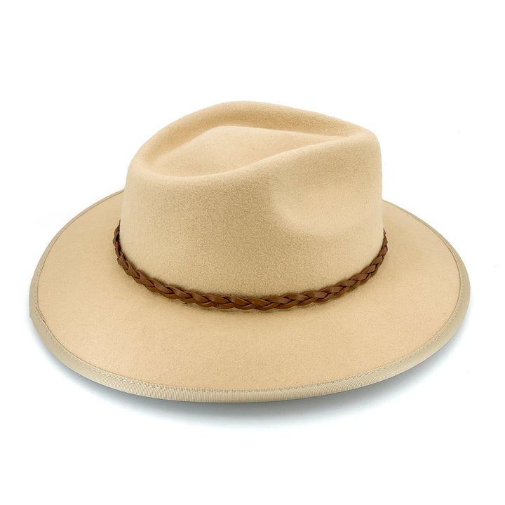 Bartle Fedora Hat in beige colour, side profile showing sharp lines and brim shape