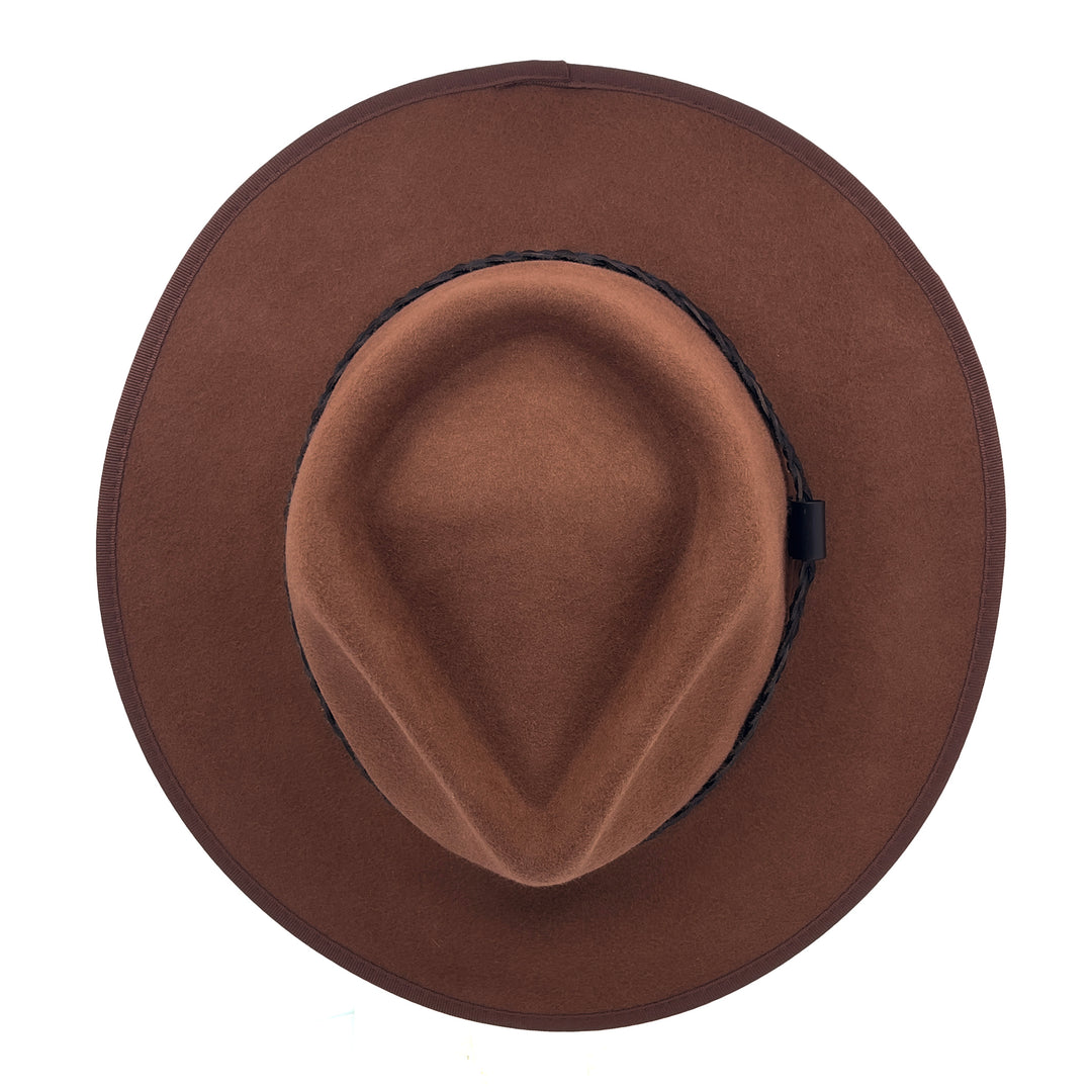 Bartle Fedora Hat in chocolate colour, top view displaying crown structure and felt texture