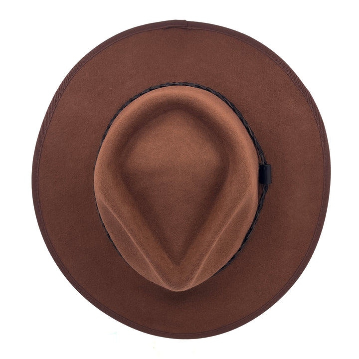 Bartle Fedora Hat in chocolate colour, top view displaying crown structure and felt texture