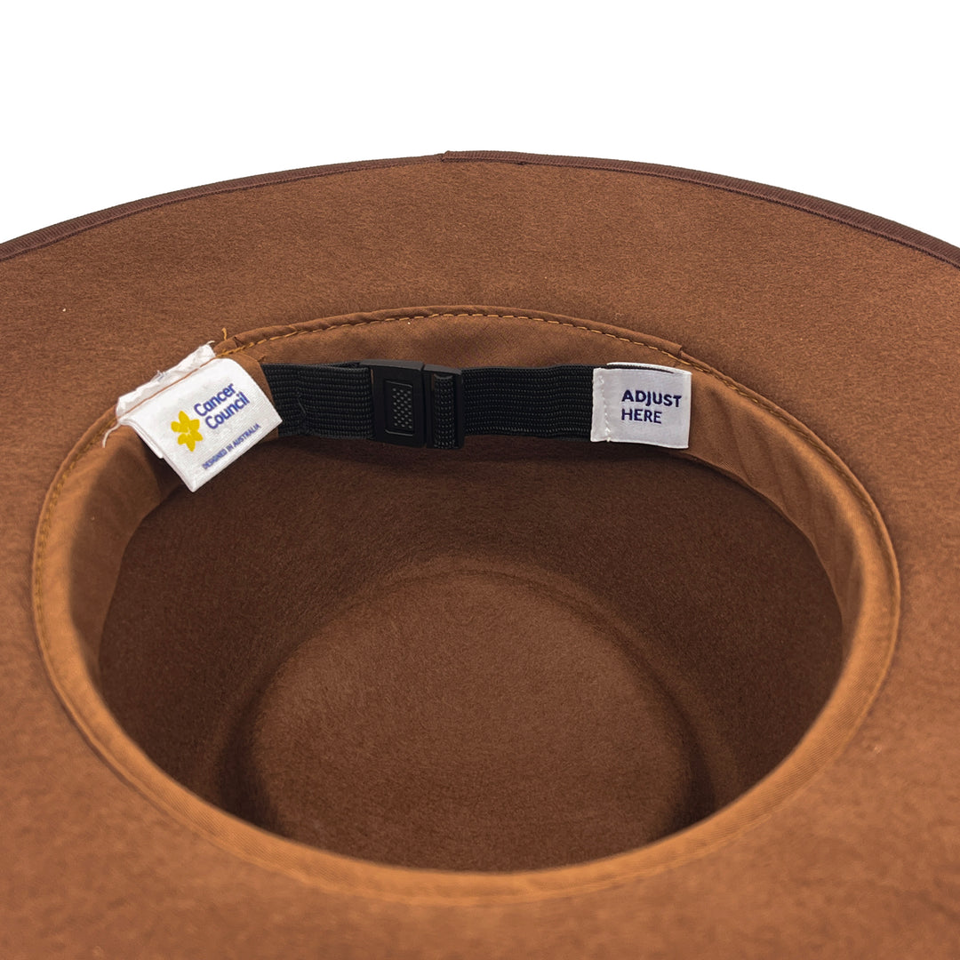 Bartle Fedora Hat in chocolate colour, underside of brim showing interior finish and size adjustment