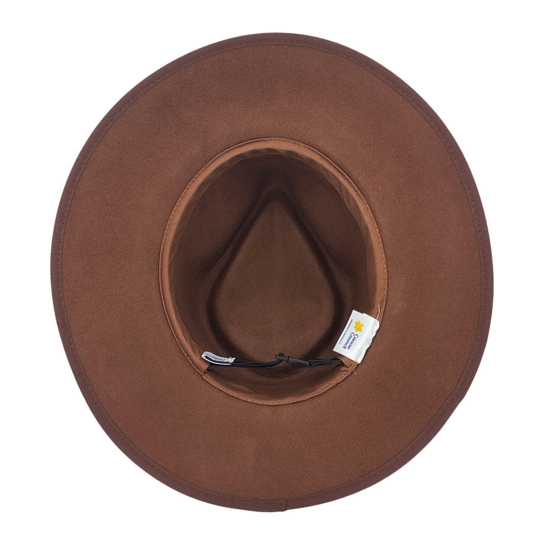 Bartle Fedora Hat in chocolate colour, underside of brim showing interior finish and detailing