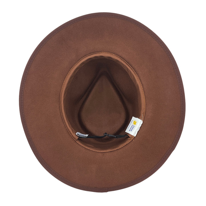 Bartle Fedora Hat in chocolate colour, underside of brim showing interior finish and detailing