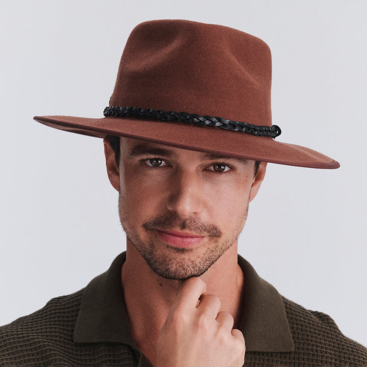 Male model wearing Bartle Fedora Hat in chocolate colour, front view showcasing classic fedora styling