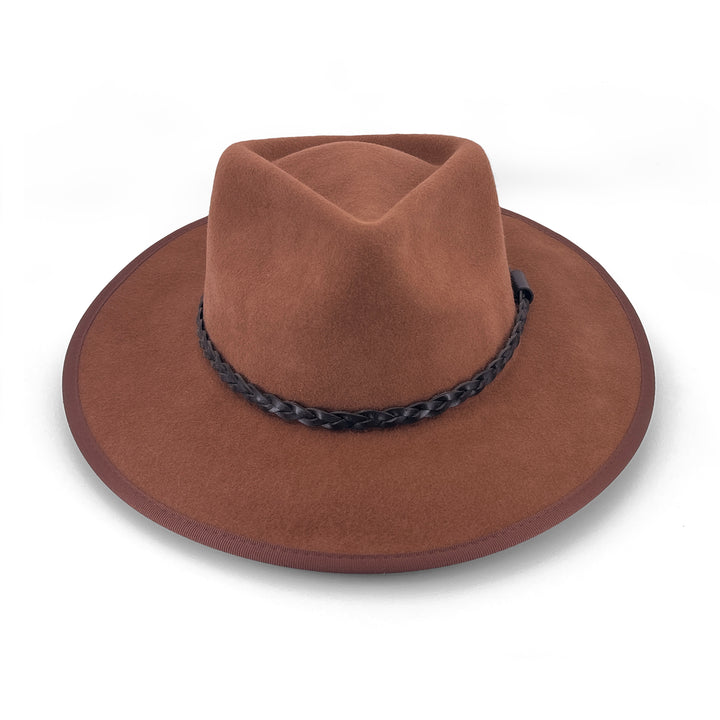 Bartle Fedora Hat in chocolate colour, front view highlighting defined crown and wide brim