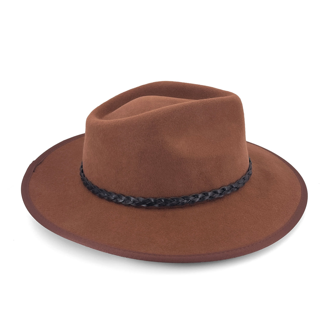 Bartle Fedora Hat in chocolate colour, side profile showing crisp lines and brim shape