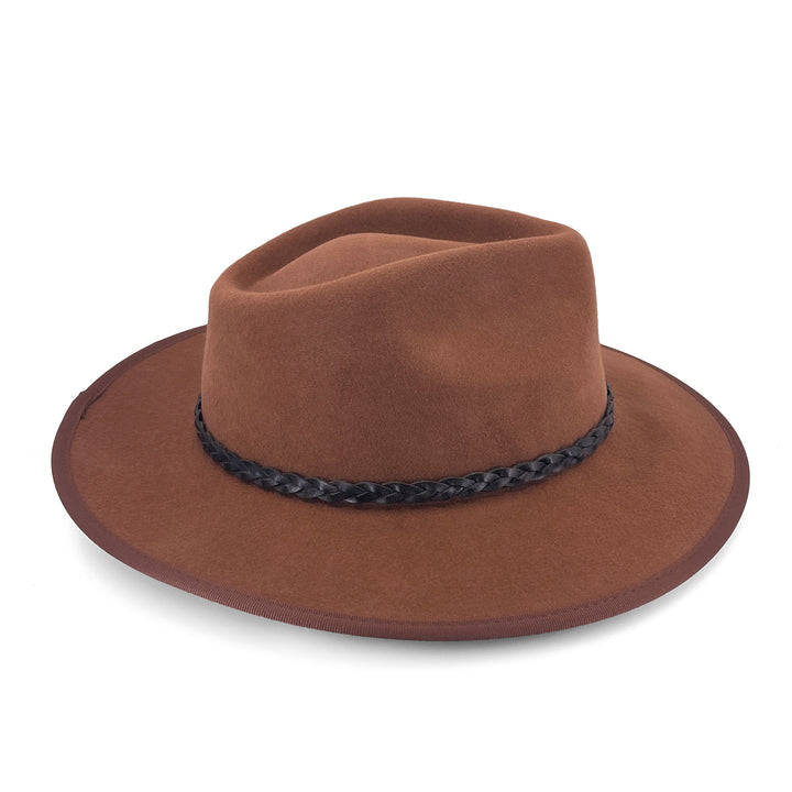 Bartle Fedora Hat in chocolate colour, side profile showing crisp lines and brim shape