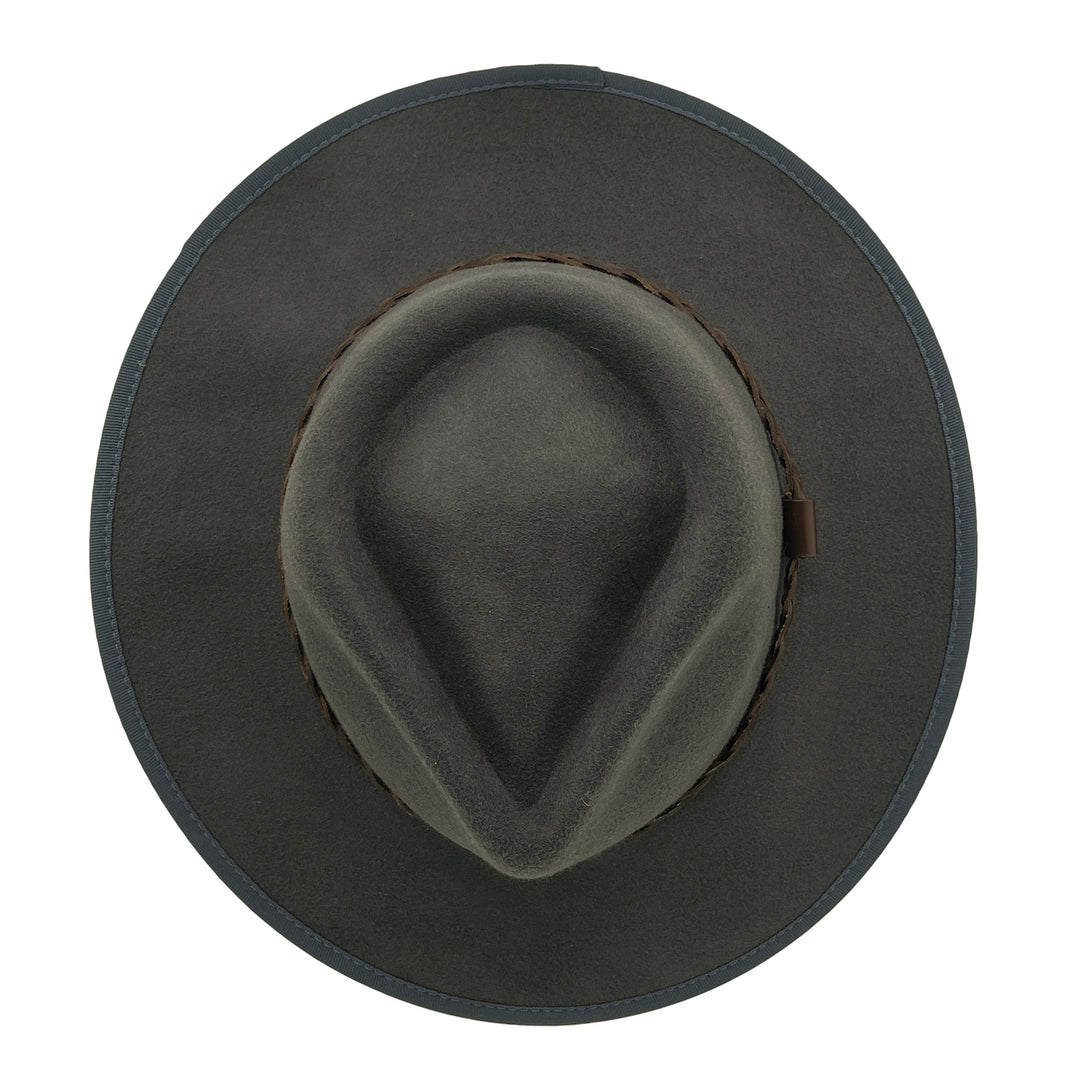 Bartle Fedora Hat in grey colour, top view displaying crown structure and felt texture