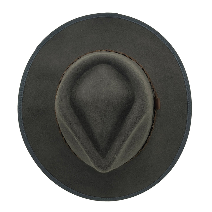 Bartle Fedora Hat in grey colour, top view displaying crown structure and felt texture
