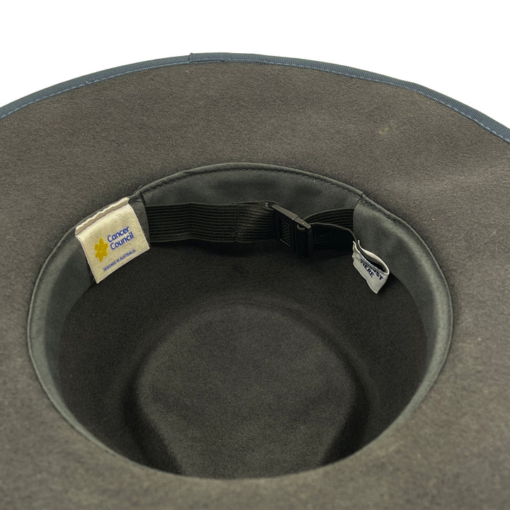 Bartle Fedora Hat in grey colour, underside of brim showing interior finish and size adjustment