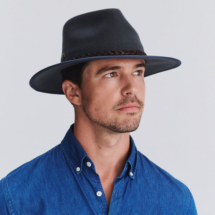 Male model wearing Bartle Fedora Hat in grey colour, front view showcasing classic fedora styling
