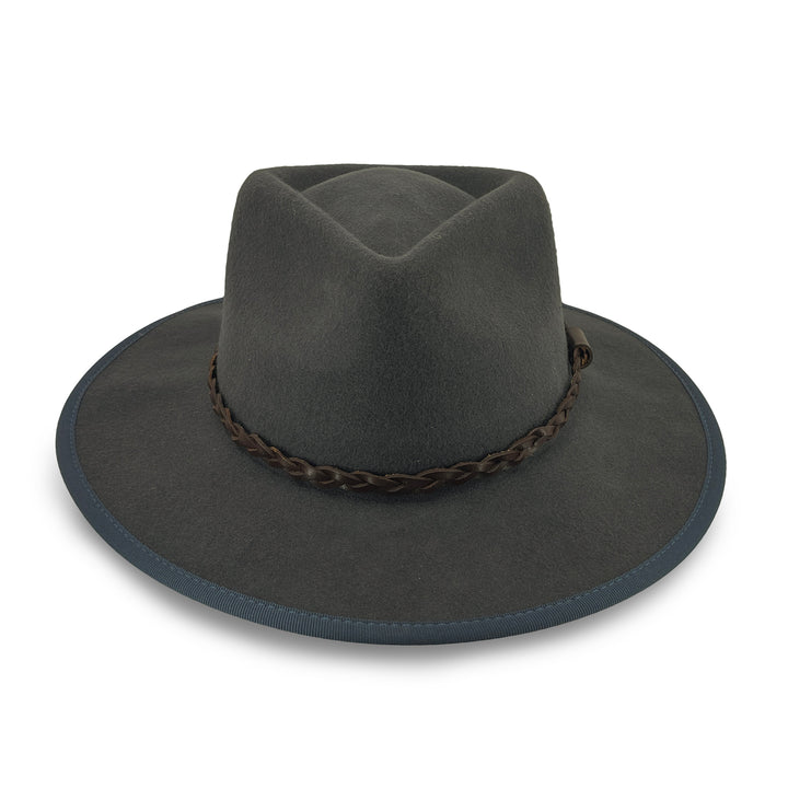 Bartle Fedora Hat in grey colour, front view highlighting defined crown and wide brim