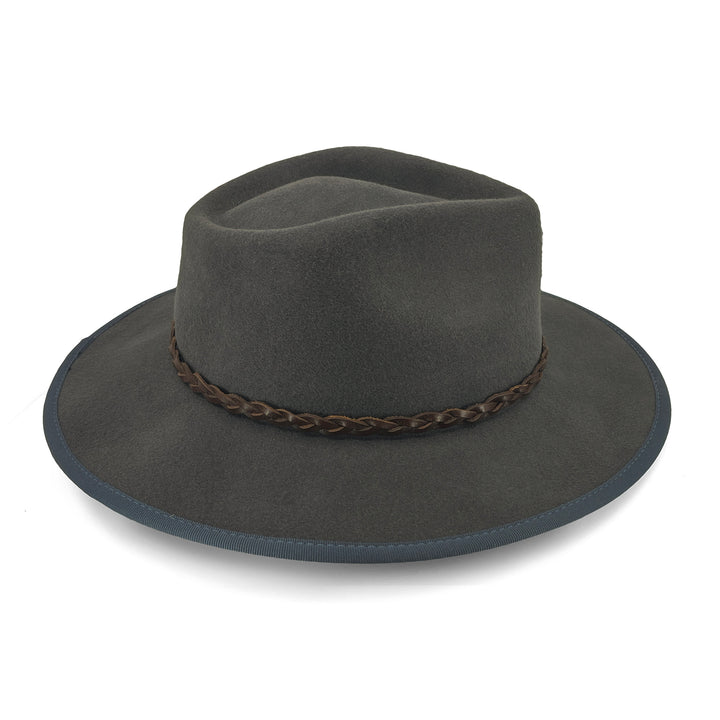 Bartle Fedora Hat in grey colour, side profile showing sharp lines and brim shape