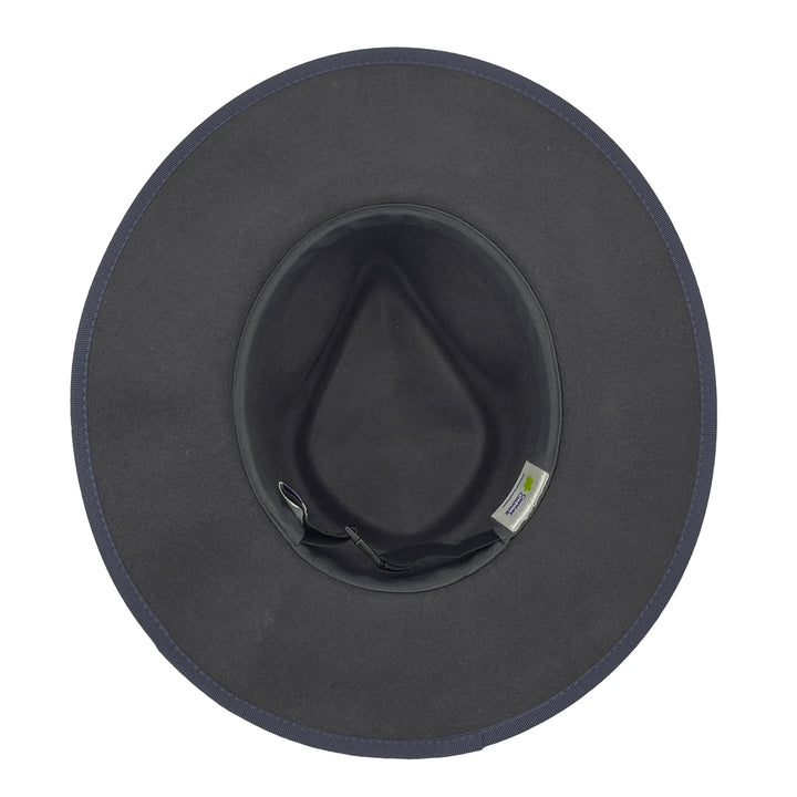 Bartle Fedora in Grey, underside of brim showing interior finish and detailing
