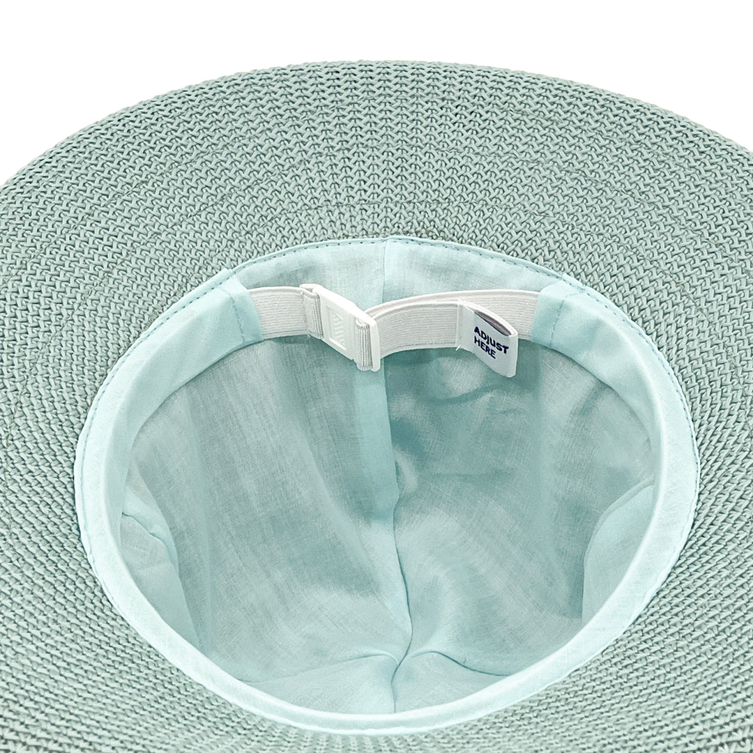 Classic Breton Hat in blue haze colour, underside of brim zoomed close to show adjuster

