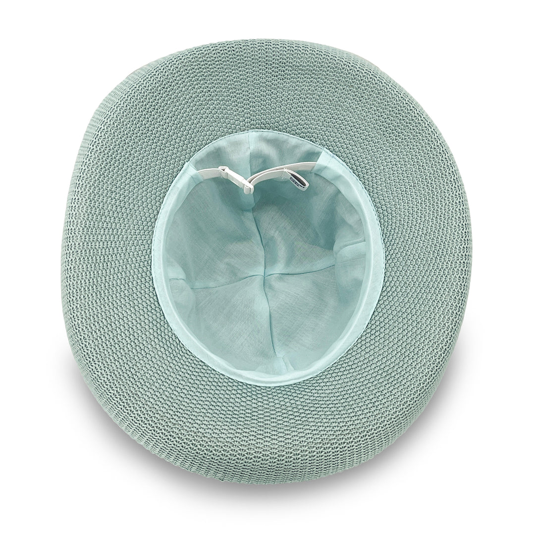 Classic Breton Hat in blue haze colour, underside of brim showing interior finish, stitching detail, and built-in size adjuster

