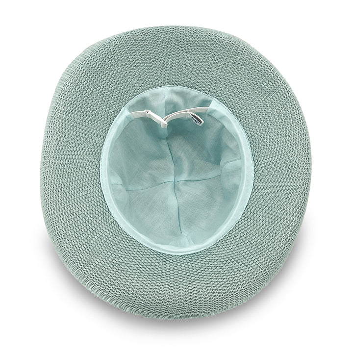 Classic Breton Hat in blue haze colour, underside of brim showing interior finish, stitching detail, and built-in size adjuster

