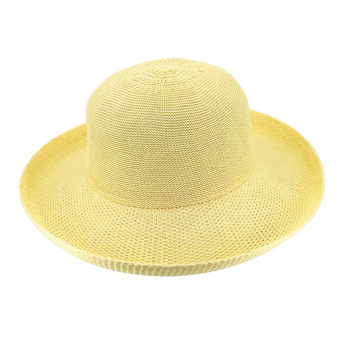 Classic Breton Hat in Lemon colour, angled product view showing structured crown and wide brim