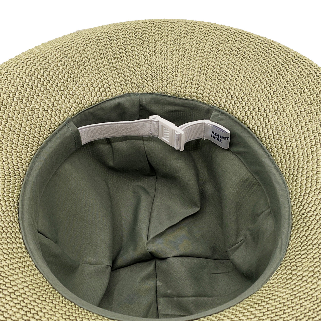 Classic Breton Hat in light moss green colour, underside of brim showing interior finish and size adjustment