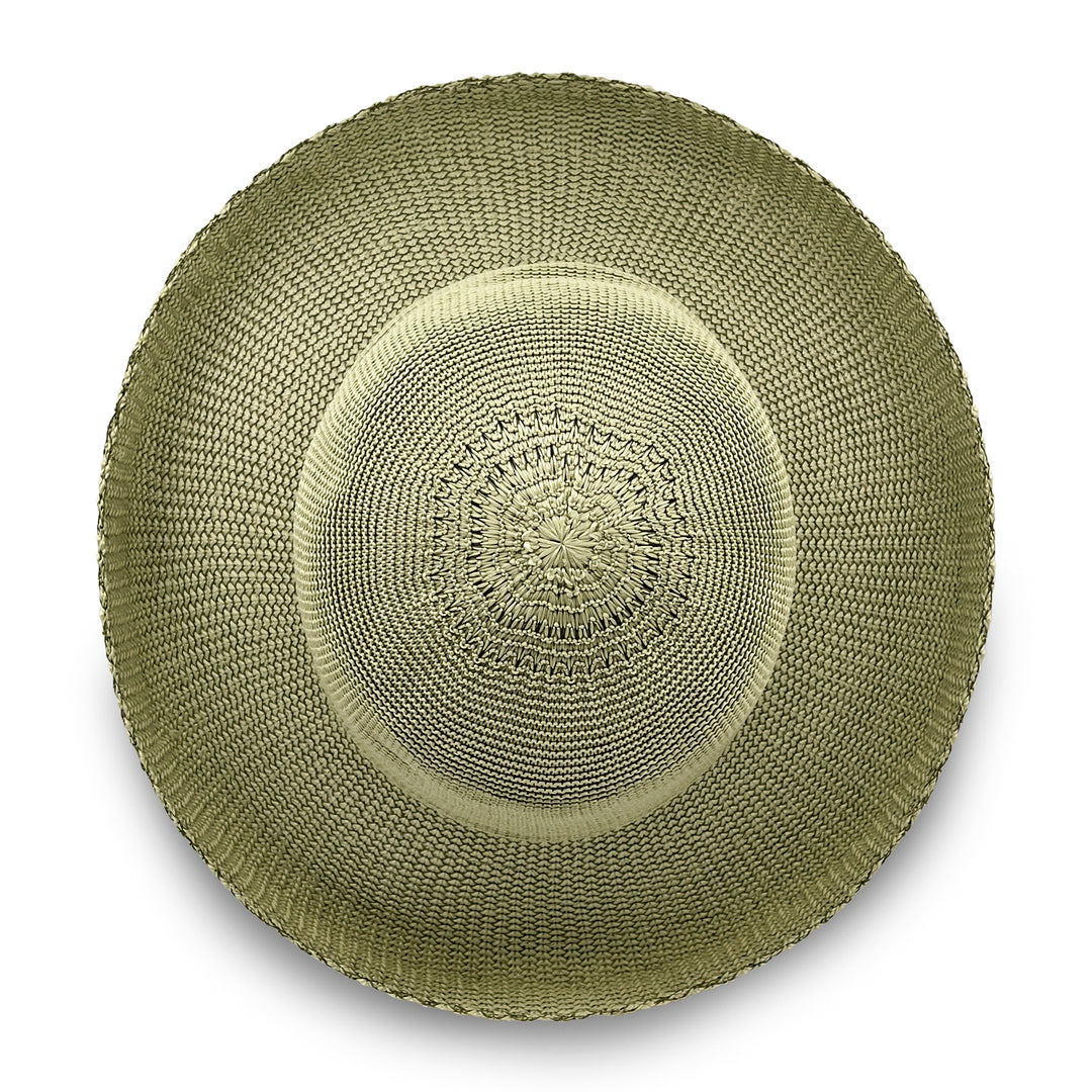 Classic Breton Hat in light moss green colour, top view displaying crown shape and smooth texture