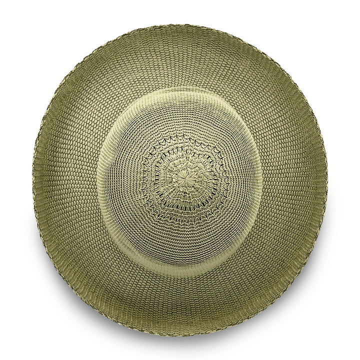 Classic Breton Hat in light moss green colour, top view displaying crown shape and smooth texture