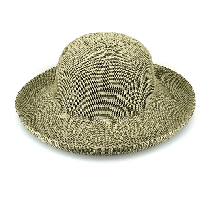 Classic Breton Hat in light moss green colour, angled product view showing structured crown and short brim