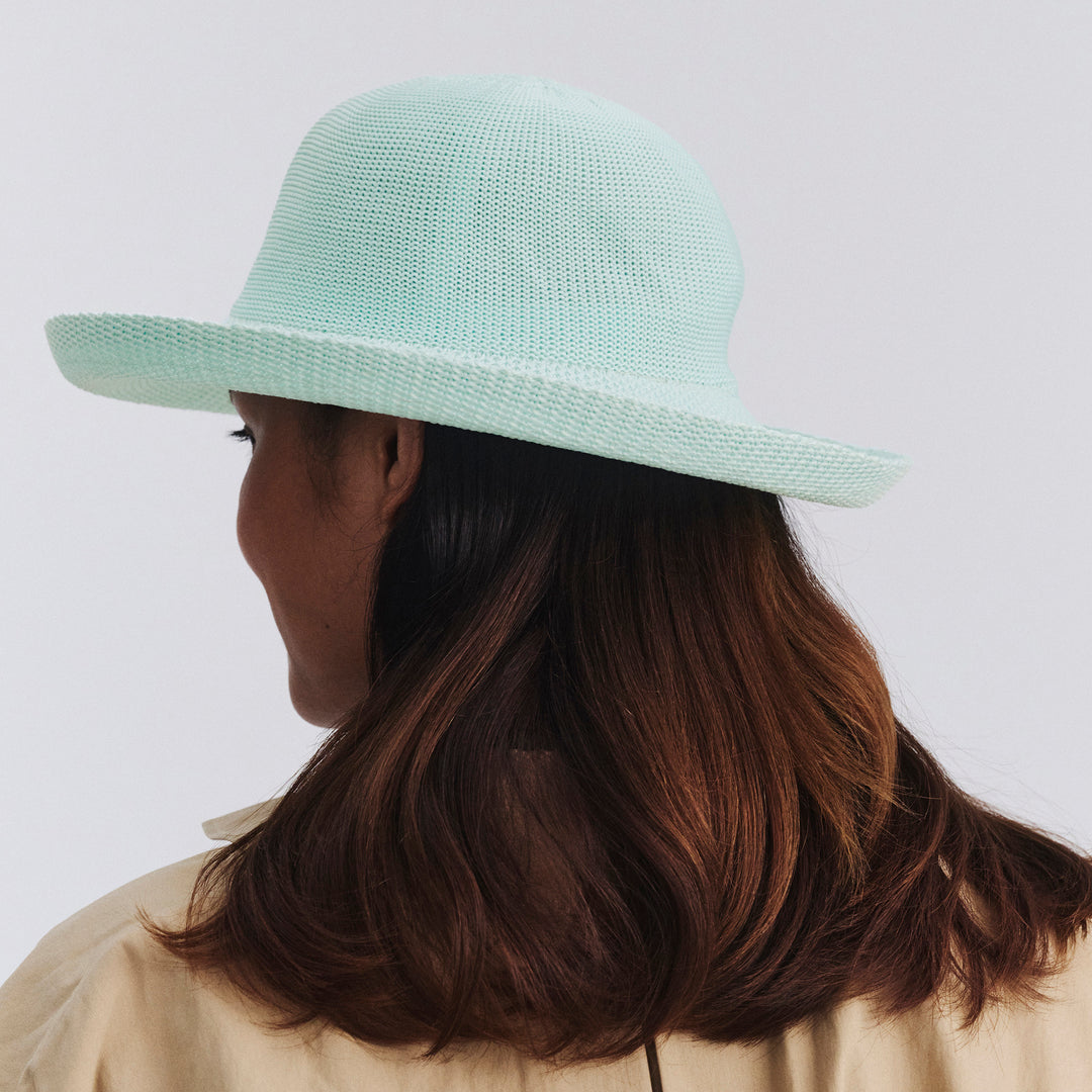 Female model wearing Classic Breton Hat in mint blue colour, back view showing crown shape and fit