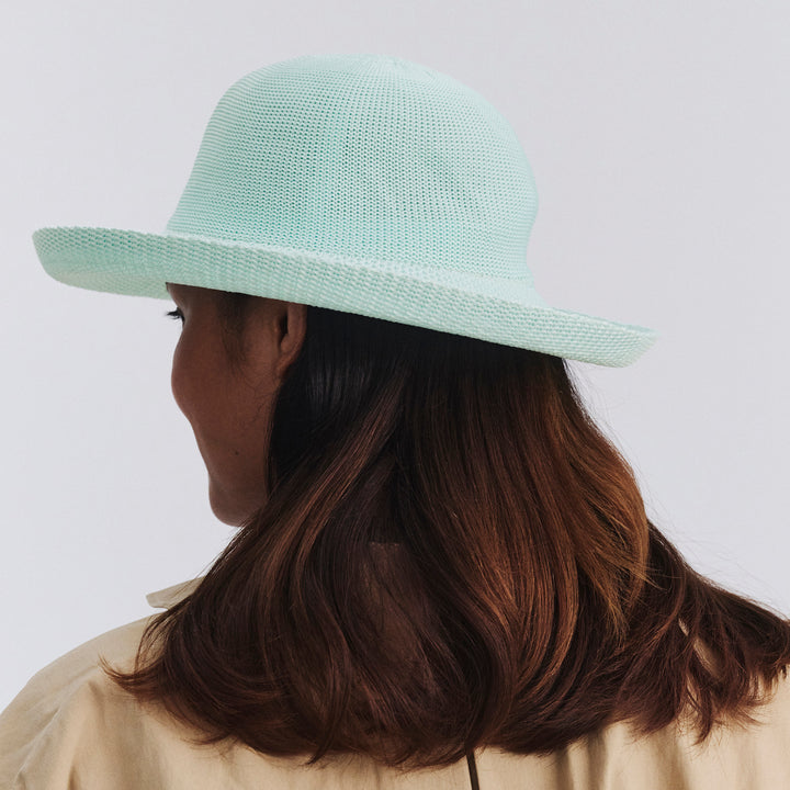 Female model wearing Classic Breton Hat in mint blue colour, back view showing crown shape and fit