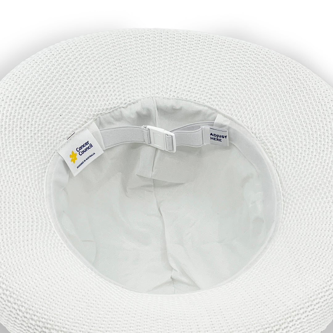 Classic Breton Hat in white colour, underside of brim showing interior finish, stitching detail, and built-in size adjuster
