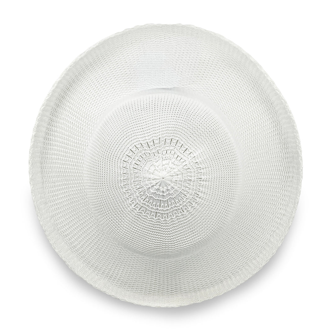 Classic Breton Hat in white colour, top view displaying crown shape and smooth texture